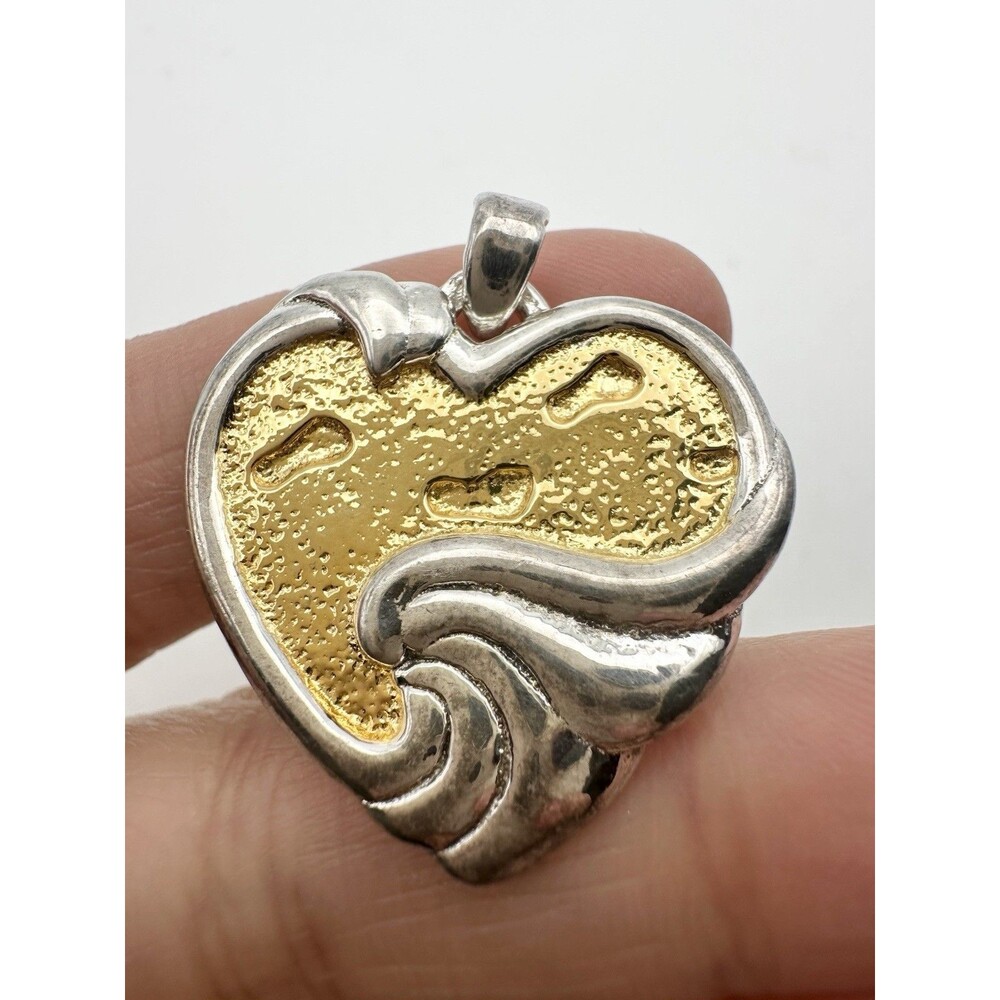 Sterling Silver & Gold Overlay Gorham Heart Pendant “Footprints” - Picture 2 of 7